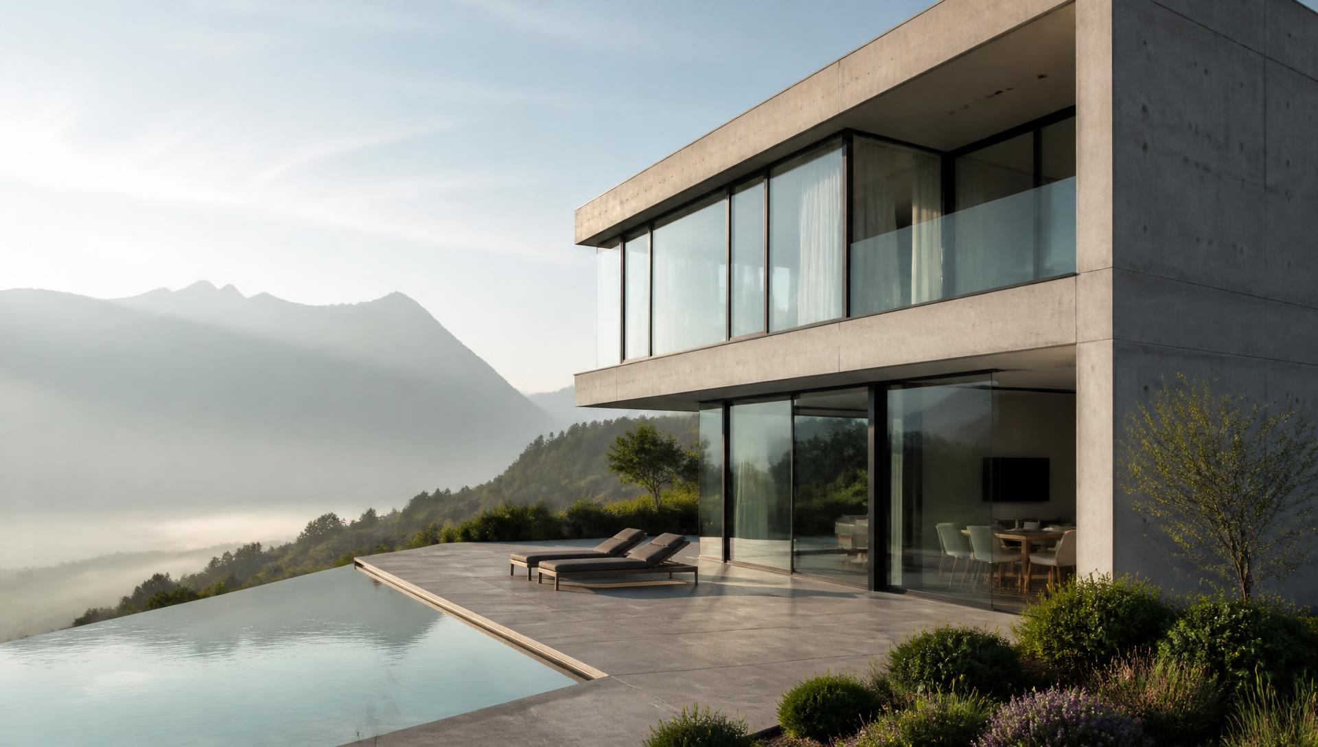 Moderne Schweizer Architektur mit Blick in die Alpen